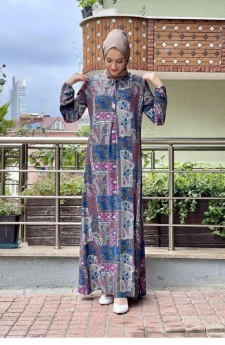 0266Sgs Desenli Tesettür Elbise Saks Mavisi