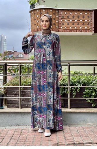 0266Sgs Gemustertes Hijab-Kleid Saks Blau 6041