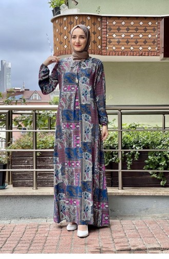 0266Sgs Desenli Tesettür Elbise Saks Mavisi