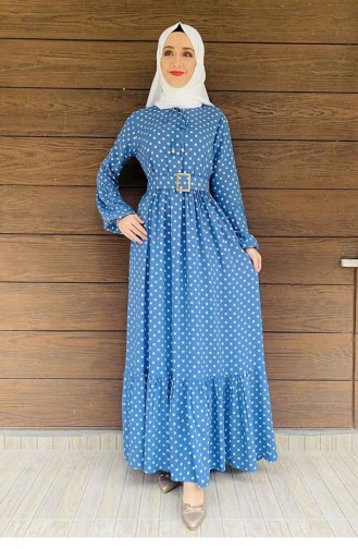 Robe Hijab à Pois 0224-01 Indigo 0224-01