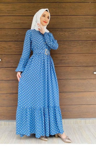 Robe Hijab à Pois 0224-01 Indigo 0224-01