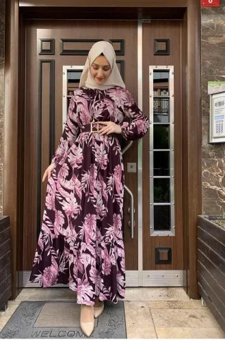 Jurk Met Palmboommotief 0228-03 Pruim 0228-03