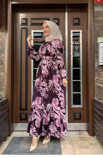 Jurk Met Palmboommotief 0228-03 Pruim 0228-03