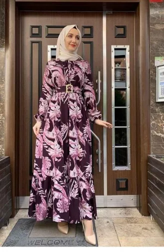 Jurk Met Palmboommotief 0228-03 Pruim 0228-03