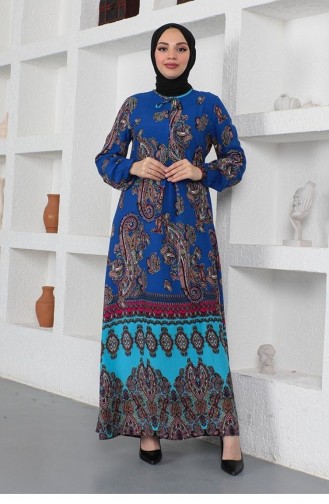 0288Sgs Model Hijabjurk Met Etnisch Patroon Blauw 6088