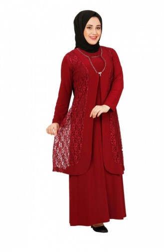 4123Mz Guipure Detailed Double Dress Claret Red 6142