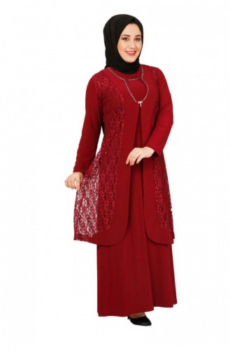 4123Mz Guipure Detailliertes Doppelkleid Weinrot 6142