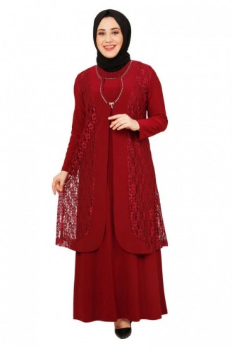 4123Mz Robe Double Détail Guipure Rouge Claret 6142