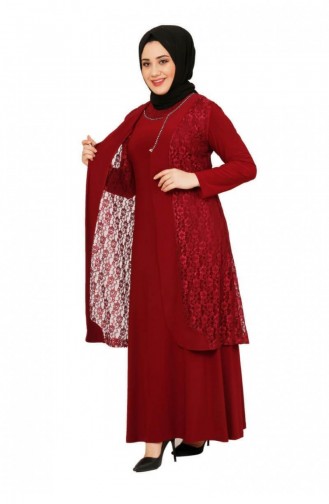 4123Mz Guipure Detailed Double Dress Claret Red 6142