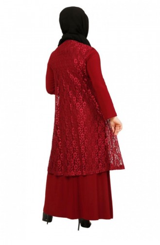 4123Mz Guipure Detailed Double Dress Claret Red 6142