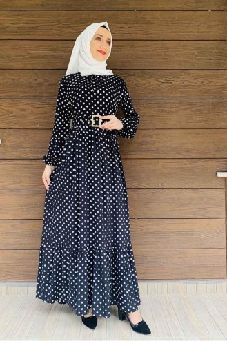 Robe Hijab à Pois 0224-04 Noir Blanc 0224-04