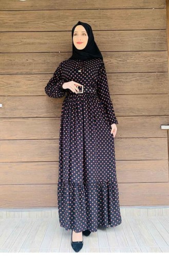 Robe Hijab à Pois 0224-05 Noir Taba 0224-05