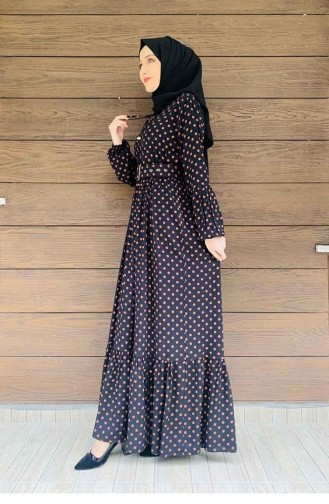 Robe Hijab à Pois 0224-05 Noir Taba 0224-05