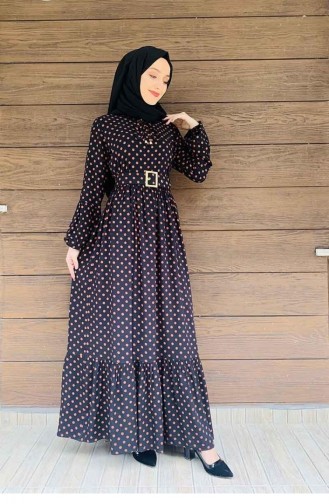 Robe Hijab à Pois 0224-05 Noir Taba 0224-05