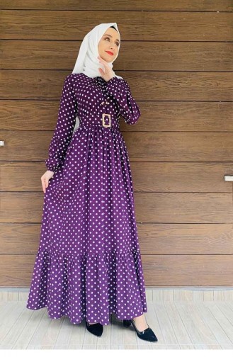 Robe Hijab à Pois 0224-08 Pourpre 0224-08