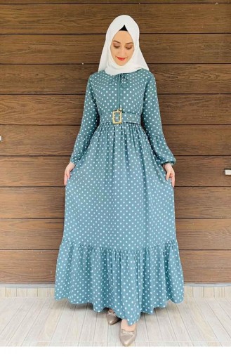 Robe Hijab à Pois 0224-09 Vert 0224-09