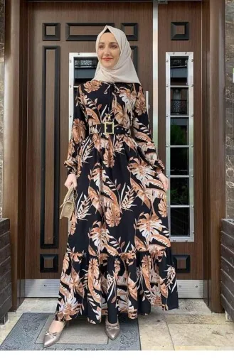 Jurk Met Palmboompatroon 0228-02 Zwarte Tegel 0228-02