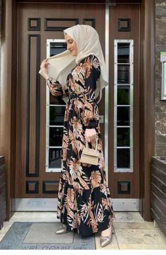 Jurk Met Palmboompatroon 0228-02 Zwarte Tegel 0228-02