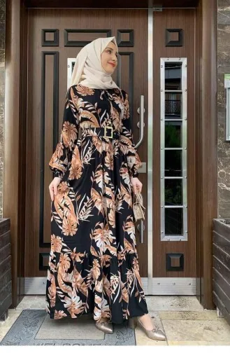 Jurk Met Palmboompatroon 0228-02 Zwarte Tegel 0228-02