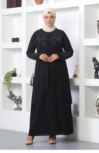 2021Smr Stone Embroidered Hijab Dress Black 6373