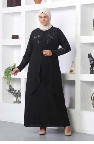 2021Smr Stone Embroidered Hijab Dress Black 6373