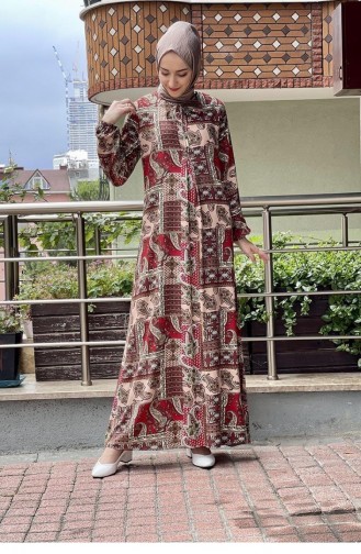 0266Sgs Patterned Hijab Dress Red 6390