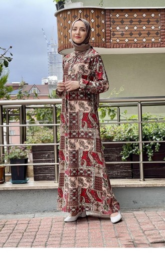0266Sgs Patterned Hijab Dress Red 6390