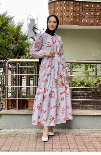 5383End Robe Hijab à Motifs Orange 6396