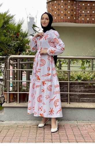 5383End Robe Hijab à Motifs Orange 6396
