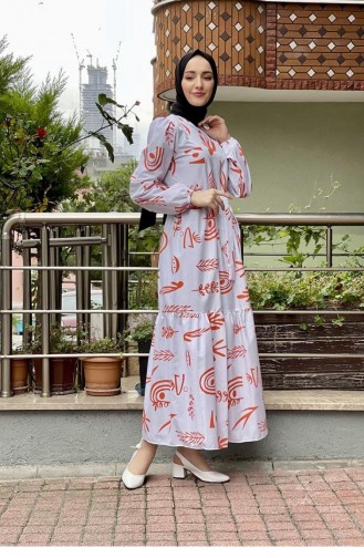 5383End Robe Hijab à Motifs Orange 6396