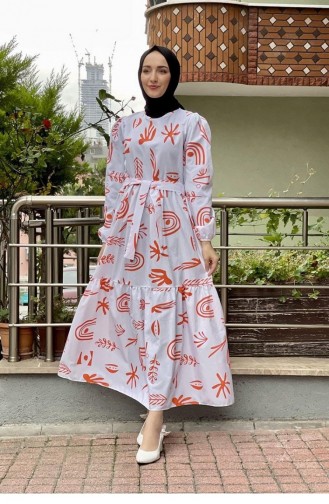 5383End Robe Hijab à Motifs Orange 6396