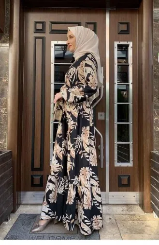 Palm Tree Patterned Dress 0228-01 Black Beige 0228-01