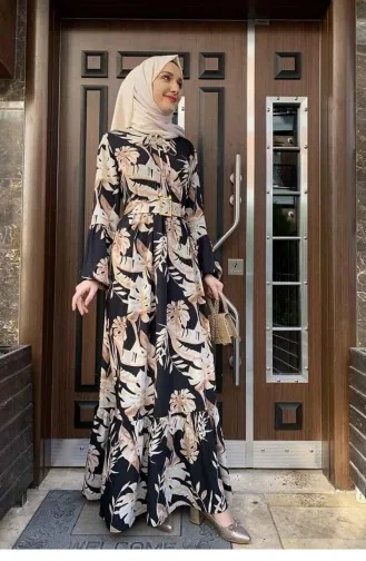 Palm Tree Patterned Dress 0228-01 Black Beige 0228-01