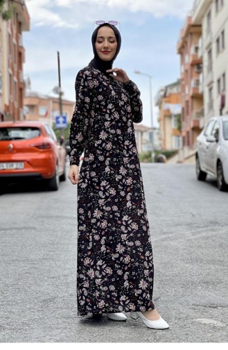 فستان للحجاب بتصميم مُطبع 1808-05 لون أسود 1808-05