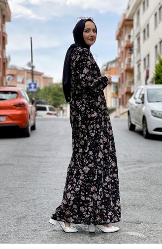 Robe Hijab à Motifs 1808-05 Noir 1808-05