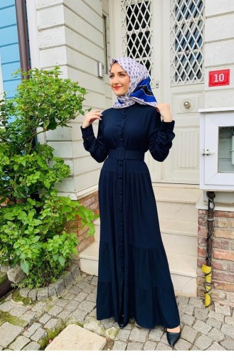 0222Sgs Robe Hijab Boutonnée Bleu Marine 6630