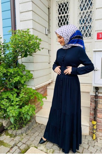 0222Sgs Robe Hijab Boutonnée Bleu Marine 6630