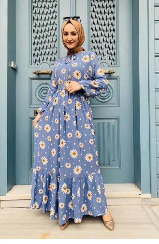 0238Sgs Belt Detailed Patterned Hijab Dress Baby Blue 6711