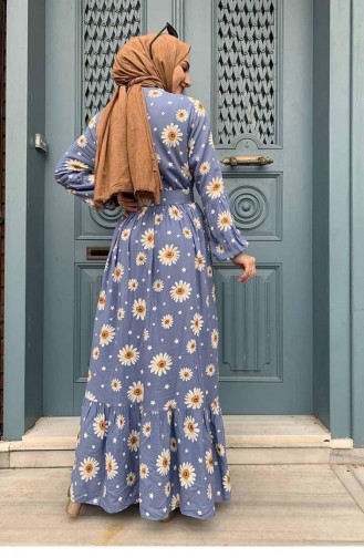 0238Sgs Gürtel Detailliertes Gemustertes Hijab-Kleid Babyblau 6711