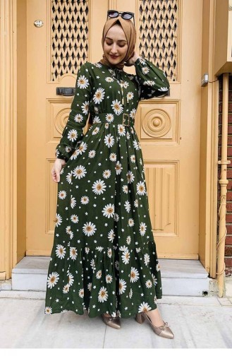 0238Sgs Gürtel Detailliertes Gemustertes Hijab-Kleid Khaki 6712