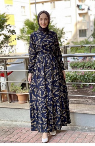 0241Sgs Gemustertes Hijab-Kleid Mit Gürtel Marineblau Und Khaki 6751