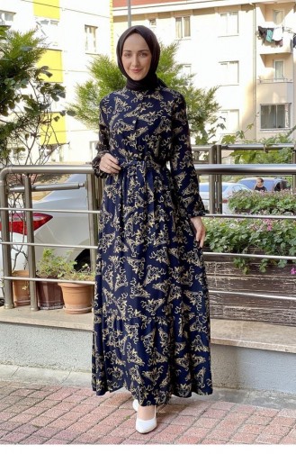 0241Sgs Gemustertes Hijab-Kleid Mit Gürtel Marineblau Und Khaki 6751