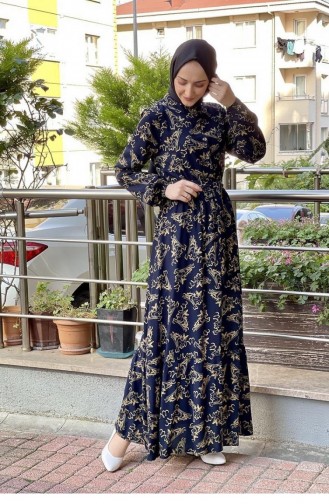0241Sgs Robe Hijab à Motifs Ceinturée Bleu Marine Kaki 6751
