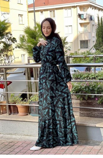 0241Sgs Belted Patterned Hijab Dress Navy Blue Indigo 6753