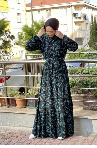 0241Sgs Belted Patterned Hijab Dress Navy Blue Indigo 6753