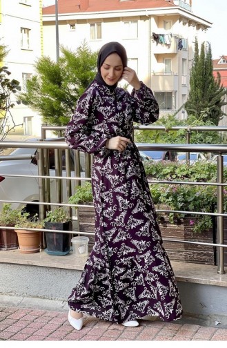 0241Sgs Gemustertes Hijab-Kleid Mit Gürtel Lila 6756