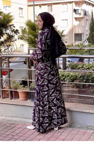 0241Sgs Gemustertes Hijab-Kleid Mit Gürtel Lila 6756