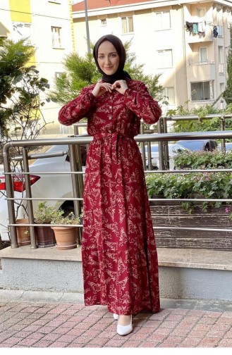 0241Sgs فستان حجاب منقوش بحزام كلاريت أحمر تان 6759