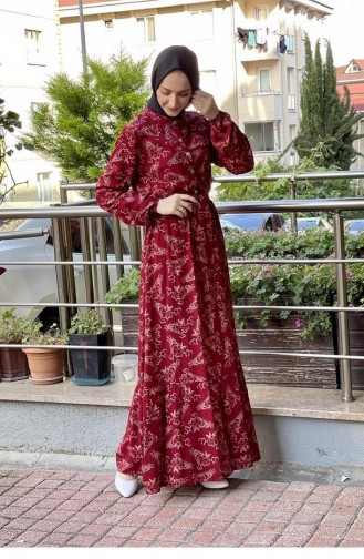 0241Sgs Robe Hijab à Motifs Ceinturée Rouge Claret Tan 6759