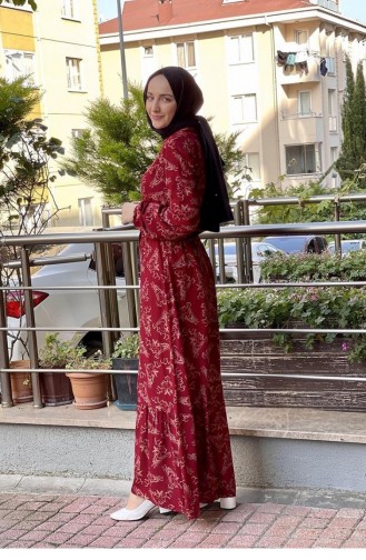 0241Sgs Robe Hijab à Motifs Ceinturée Rouge Claret Tan 6759